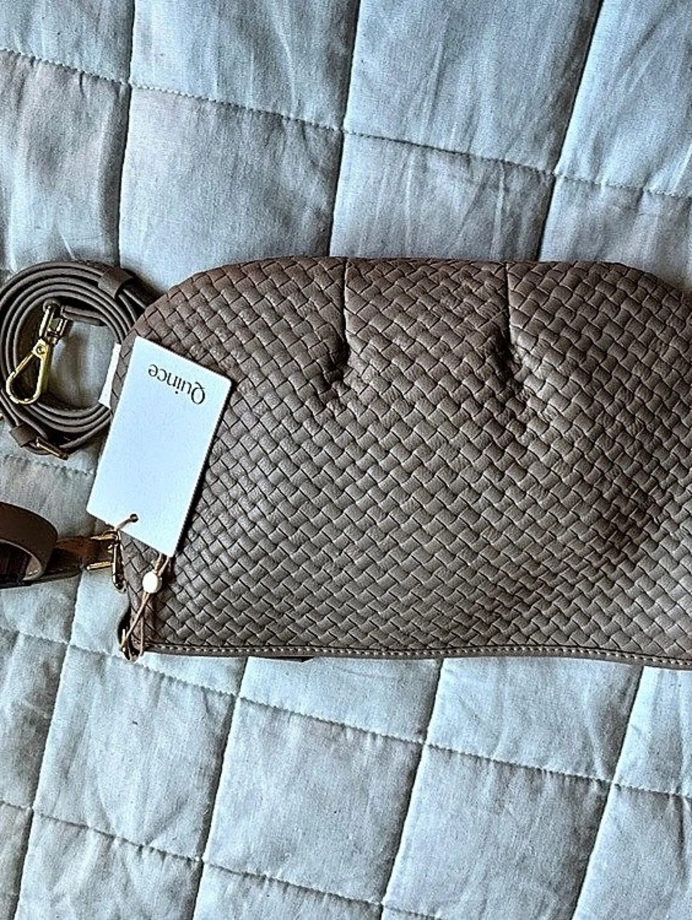Quince Sloane handwoven mini shoulder bag, taupe, NWT
